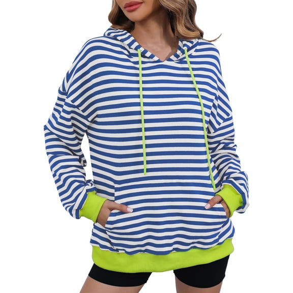 Busydd Womens Hoodies Trendy Striped Hooded Sweatshirt Casual Loose Lightweight Basic Hoodie Pullover Tops Drawstring Long Sleeve Shirts for Women Half Hood Half Holy Sweatshirt with Pocket