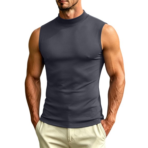 High Neck Sleeveless Slim Fit Tank Top for Men, High Stretch Smooth Knit Fabric Workout Undershirt