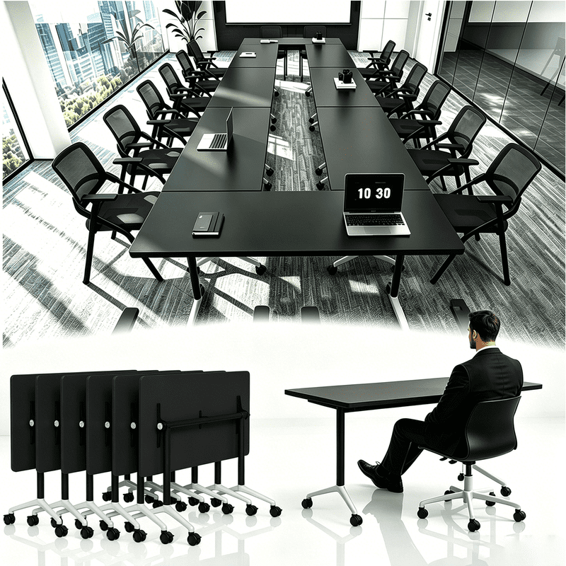 6Pack Folding Conference Room Table with Wheels 61in Modular Training Table for Office Classroom Black