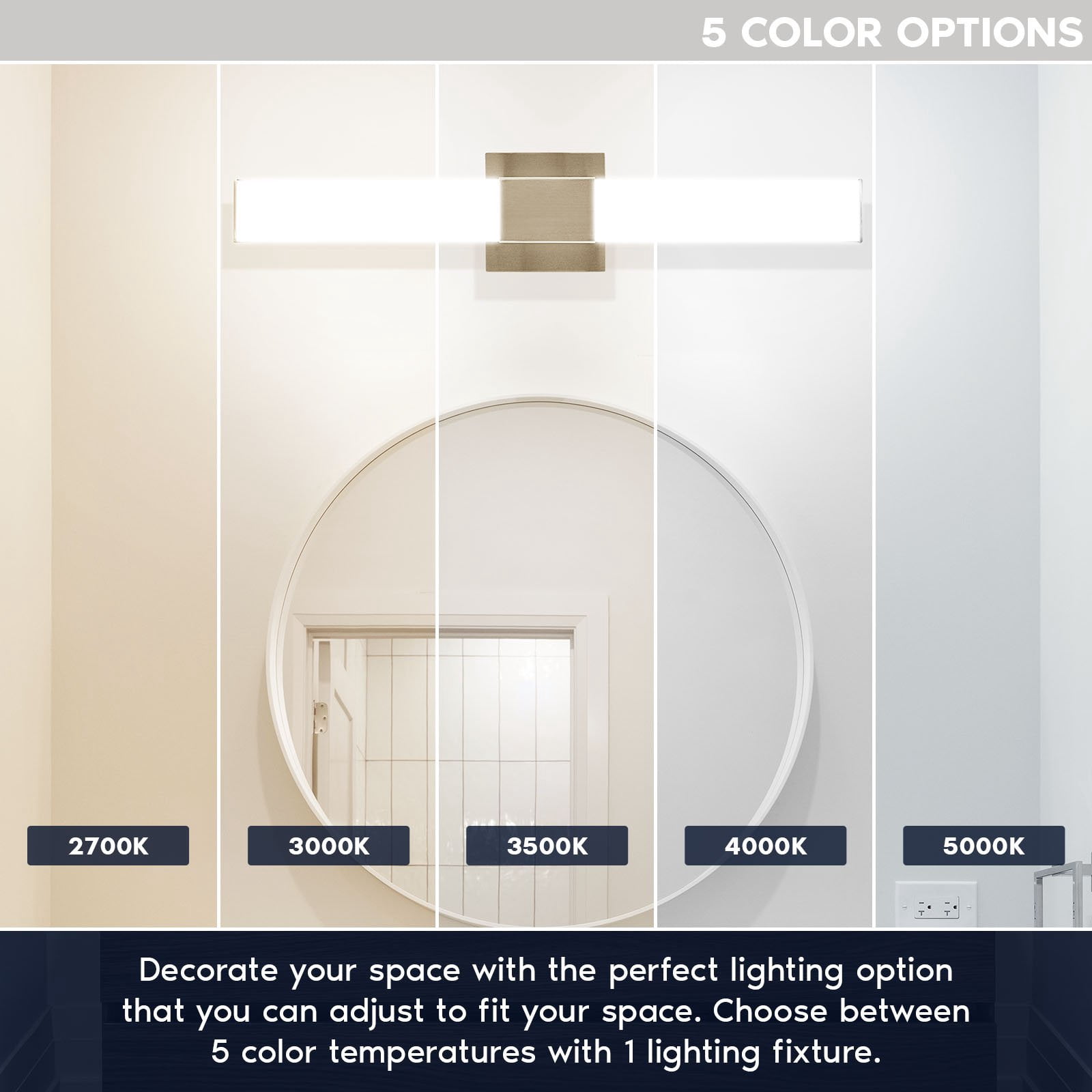 Luxrite LED Bathroom Vanity Light Fixtures Square 24 Inch Brushed Nickel 5 CCT 2700K-5000K 24W 1500 Lumens Dimmable