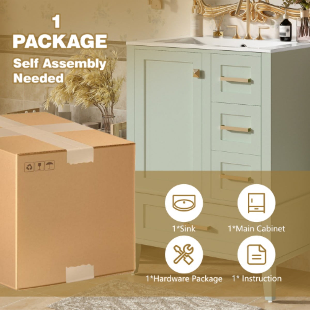 24.8" Bathroom Vanity with Ceramic Sink, Freestanding Bathroom Vanity Cabinet, Soft Close Door, 3 Drawers, Green