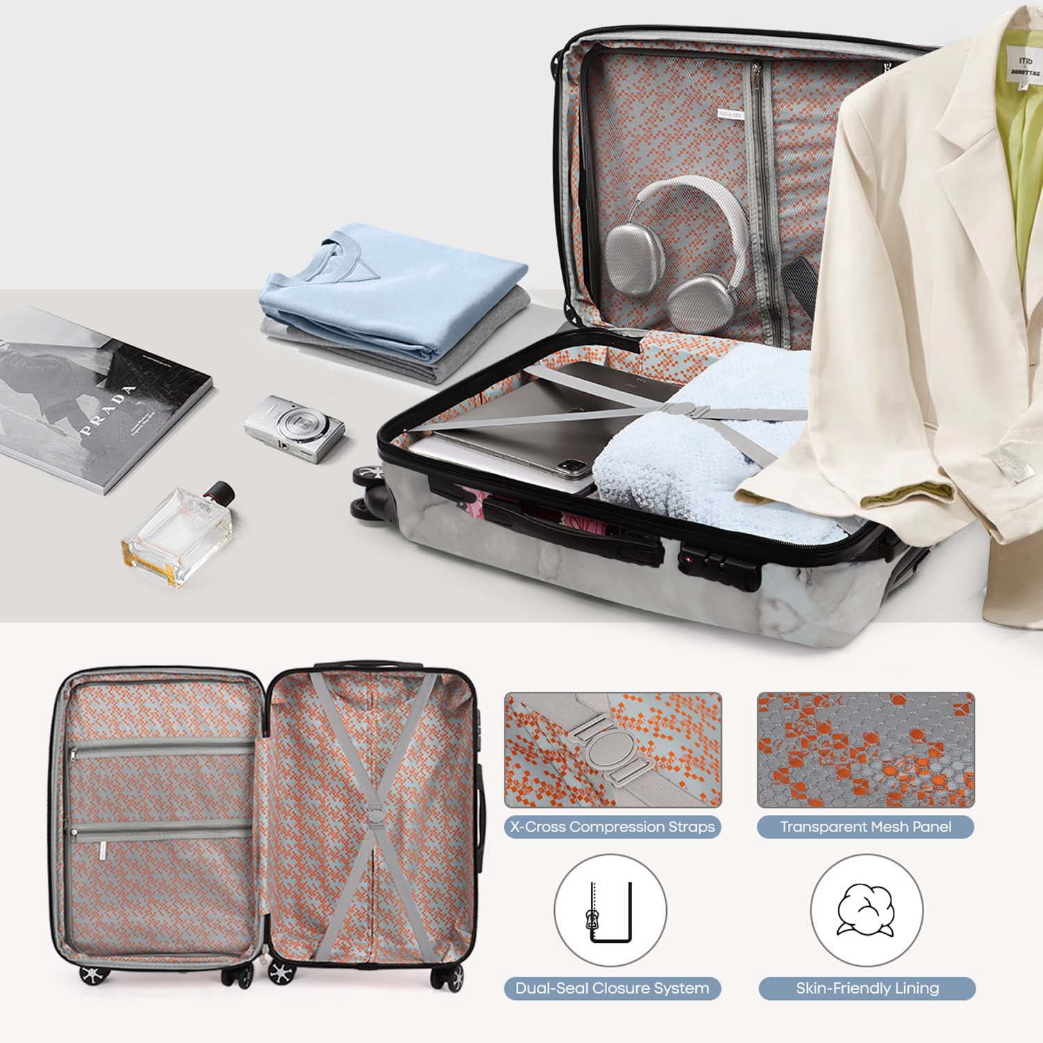 3 Piece Hardside Luggage Set PC Lightweight Expandable Suitcase with Spinner Wheels TSA Lock, 20"/24"/28", White, 0028#19