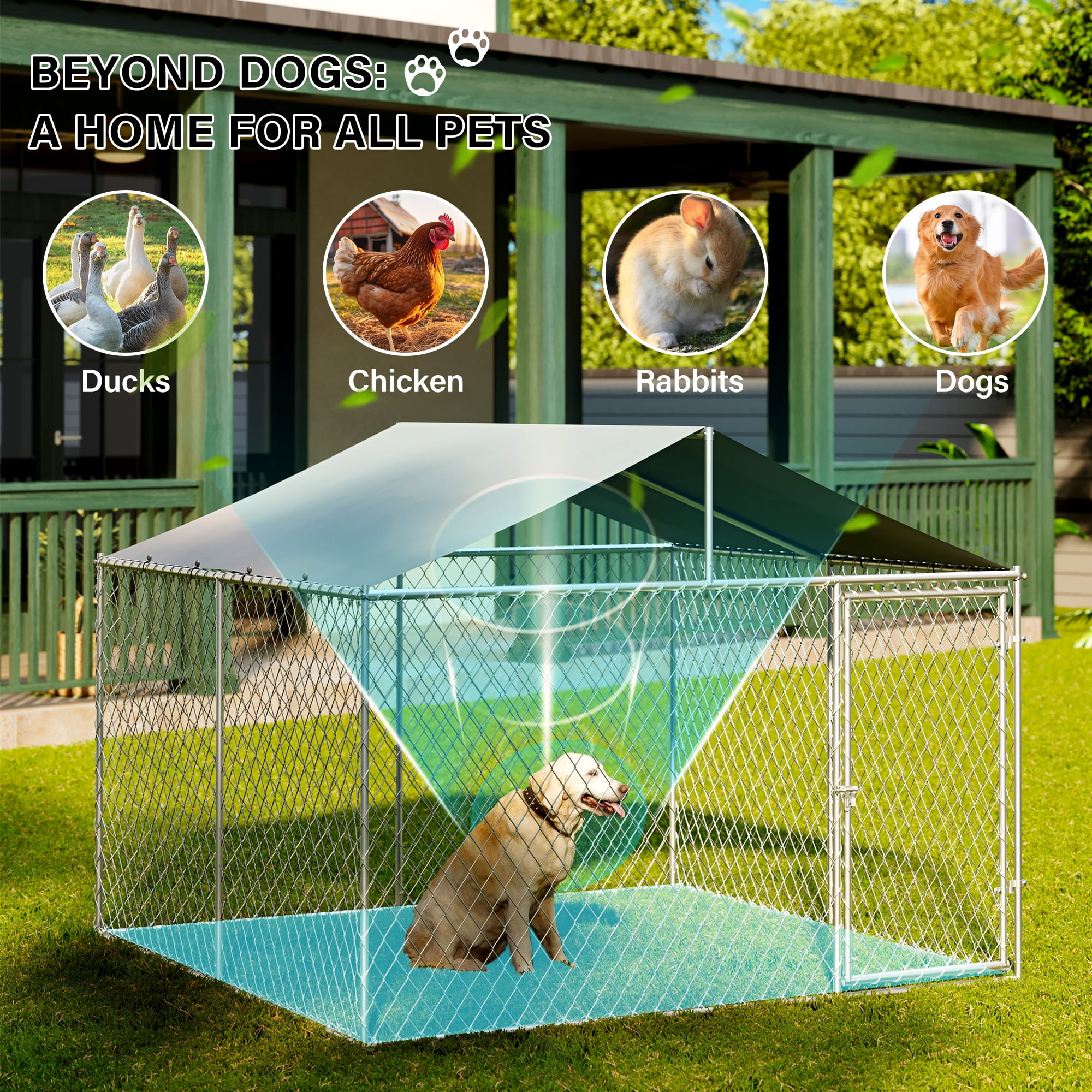 LAUSAINT HOME 7.5' x 7.5' Outdoor Dog Kennel with Roof, Heavy-Duty Steel Dog Cage with Lock for Backyard