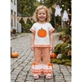 thumbnail image 4 of BemeyourBBs Toddler Baby Girls Halloween Thanksgiving Outfits Infant Baby Girl Summer Fall Clothes Cute Pumpkin Embroidery Ruffled Short Sleeve T Shirt Tops and Flared Pants Set, 4 of 9