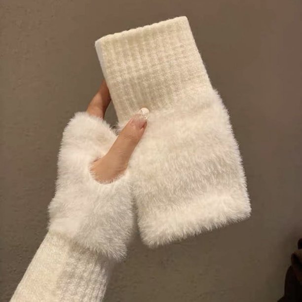 Guantes de medio Dedo de lana de visón suave para mujer, mitones de muñeca de punto de felpa blanca sólida, cálidos de lujo, sin dedos, escritura, Invierno