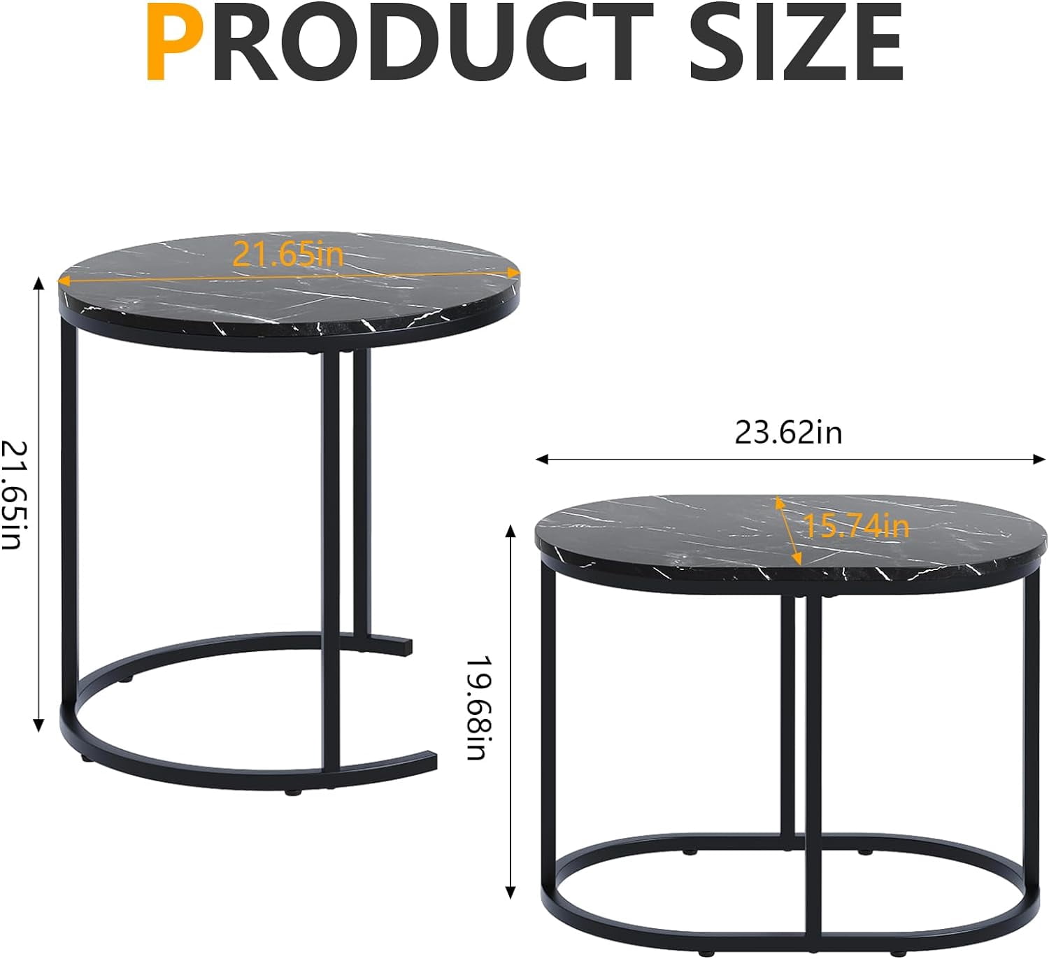 aboxoo Nesting Coffee Table Set of 2 Modern Round Black Faux Marble Wood Table,Side Table Gold Metal Frame Oval End Table Small Space for Living Room,Bedroom,Studio Apartment Essential