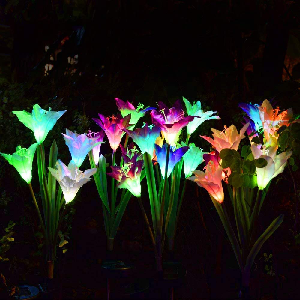 Outdoor Solar Garden Stake Lights, 2 Pack Solar Powered Lights with 8 Lily Flower, Multi-Color Changing LED Solar Landscape Lighting Light for Garden, Patio (Outdoor Solar Garden Stake Lights-2) - image 2 of 5
