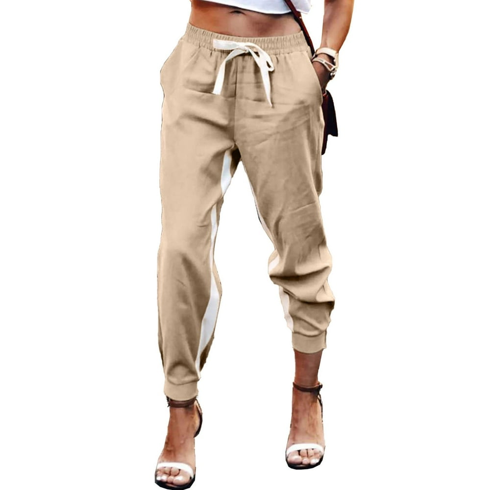 HodaModa - Women Khaki Casual Striped Drawstring Pants - Walmart.com - Walmart.com