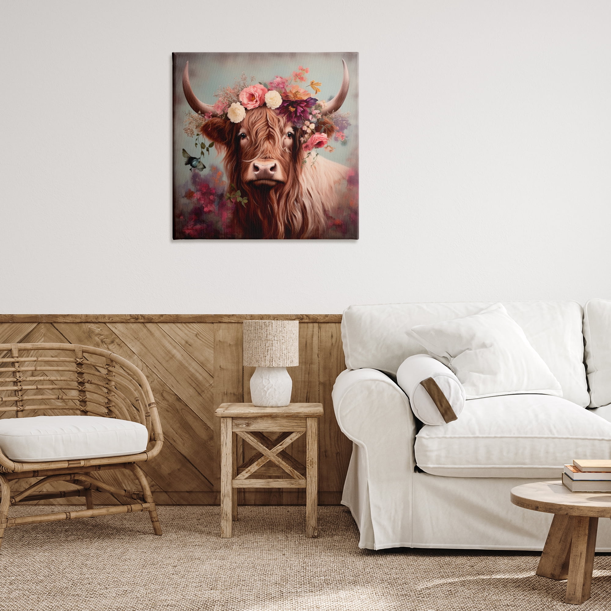 Stupell Industries Longhorn & Flower Garland Animals & Insects Painting Gallery Wrapped Canvas Art Print Wall Art, 30 x 30