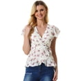 thumbnail image 1 of Blusa envolvente para mujer con estampado floral, cuello en V, manga con abertura, cintura con lazo, peplum Blanco XS, 1 of 5