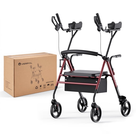 Verpal Upright Rollator Walker for Seniors, Foldable Stand Up Rollator Walker with Adjustable Padded Armrests & Seat, 2-in-1 Mobility Rollator Walker with 8" All-Terrain Wheels & Assist Handle