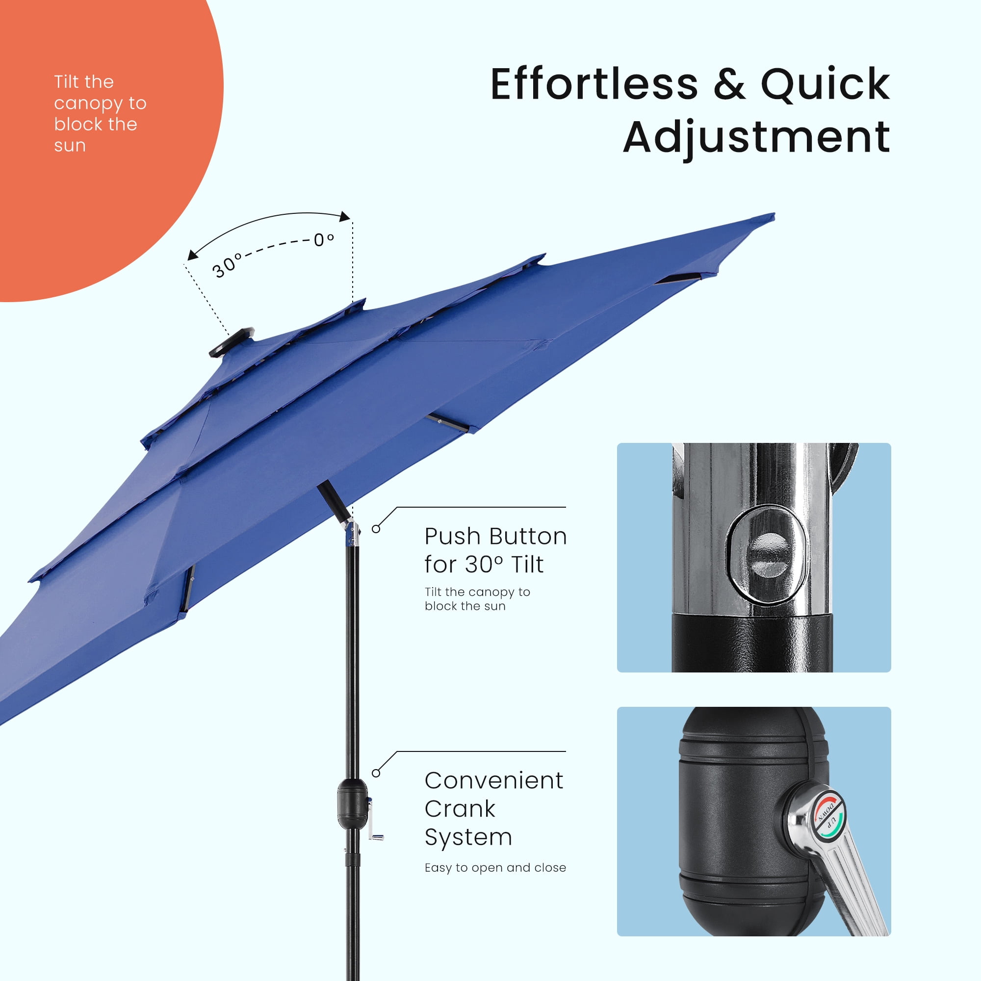 EDX 10ft 3-Tier Solar Patio Umbrella with 32 LED Lights, Outdoor Umbrellas with Push Button Tilt and Crank,Navy Blue