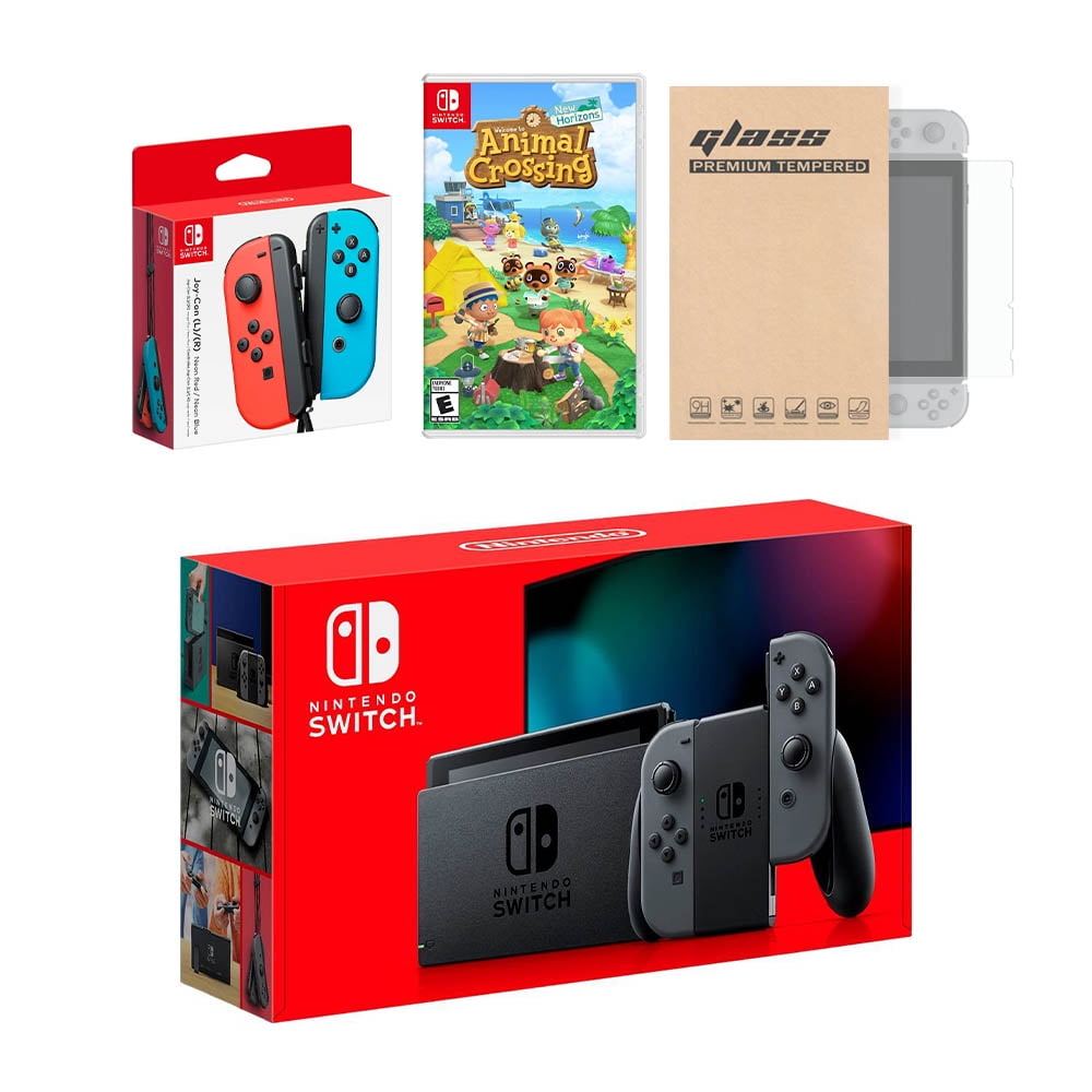 Nintendo Switch Gray Joy Con Console Bundle With An Extra Pair Of Neon Red Blue Joy Con Animal Crossing New Horizons And Mytrix Tempered Glass Screen Protector Walmart Com Walmart Com