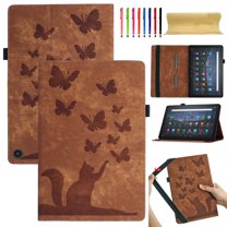 Allytech Slim Case for Amazon Fire HD 10 Tablet & Fire HD 10 Plus (11th Gen, 2021 Release) with Pen Holder & Card Pocket, Lovely Pattern PU Leather Multi-Angle Viewing Shockproof Case, Brown