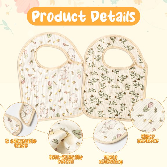 2ooya Colorful Snap Bib for Infants, Pure Cotton Baby Bib with Floral Sign for Toddlers, 6 Pieces
