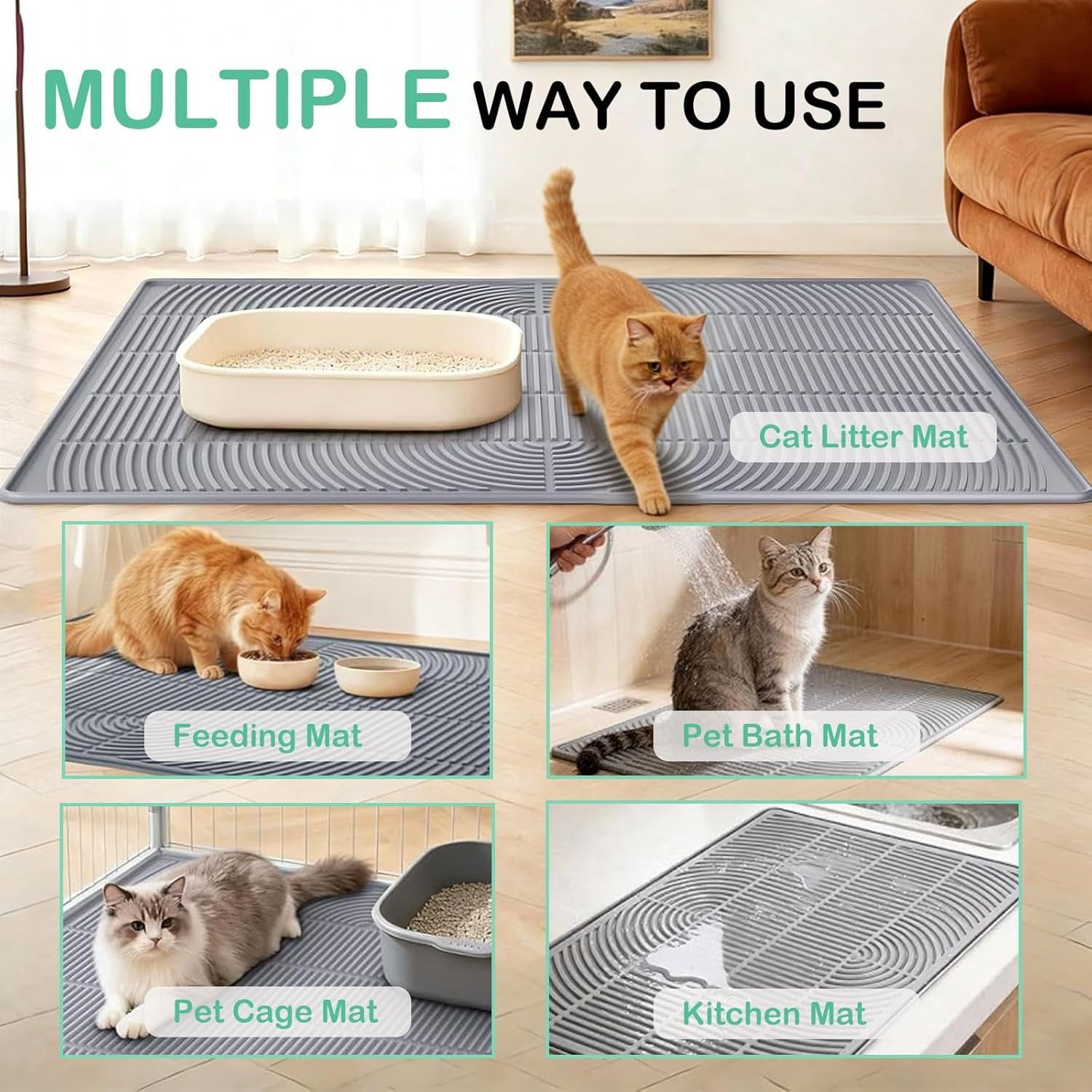Litter Mat for Litter Box, 40x28 Inch   Litter Trapping Mat,  & Non-Slip Floor Protector, Soft  Kitty Paws, Easy to Clean & Durable, Gray