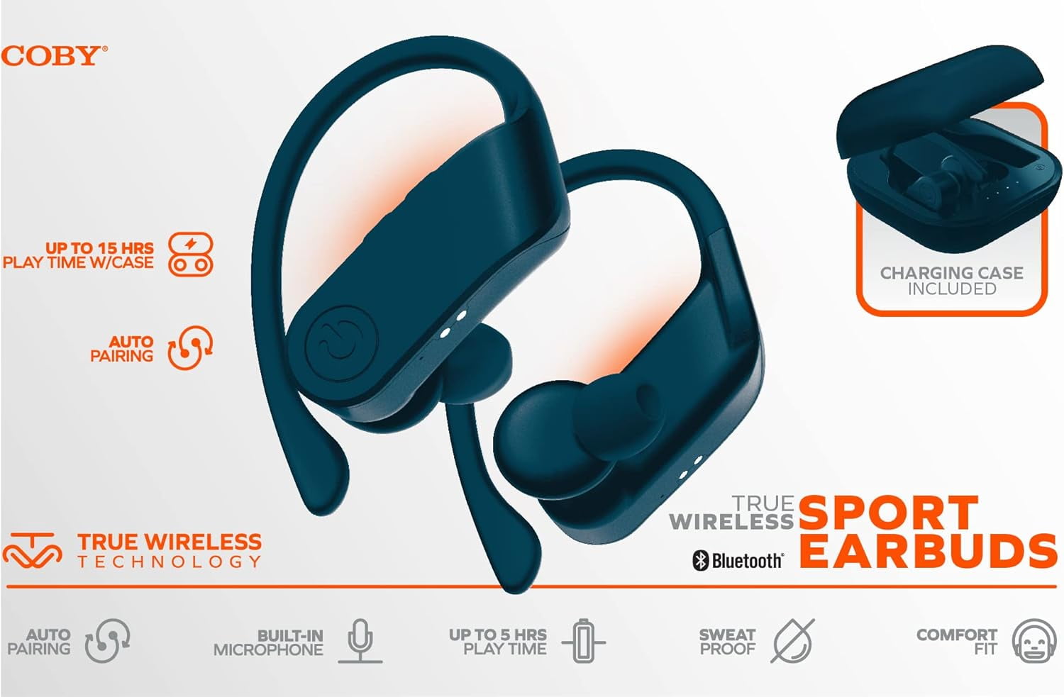COBY True Sport Wireless Earbuds with Playback Controls, Bluetooth Earbuds for Phones & iPads, Blue