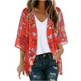 thumbnail image 2 of Red Kimono Cardigans for Women,Kimono Cardigans for Women Summer Floral Print Puff Sleeve Chiffon Tops Lightweight Loose Cover Up Casual Blouse Tops, 2 of 5