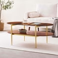 thumbnail image 3 of Rectangle Coffee Table Mid-Century Modern Design L W x H for Living Room - Structure Amber Glass Top and Walnut MDF Shelf Sleek Conical Metal Legs with Gold Finish, 3 of 9