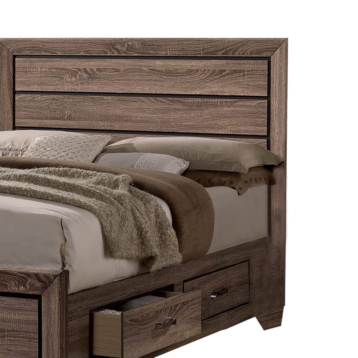 Wooden Queen Size Bed with 4 Spacious Side Rail Drawers Brown - Saltoro Sherpi