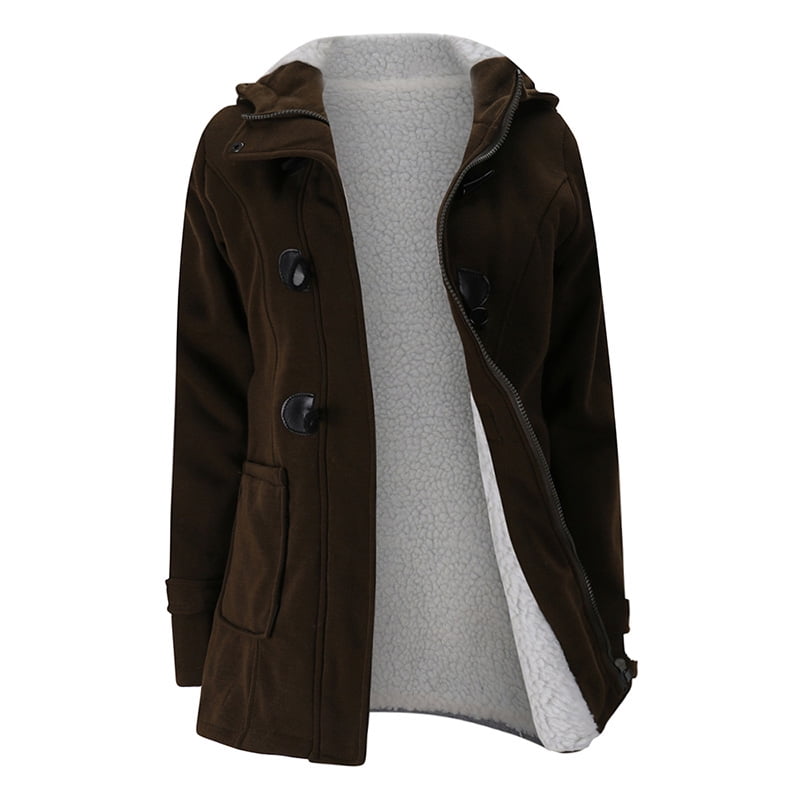 DKJ Women Hooded Duffle Coat Jacket Faux Fur Lining Buckle