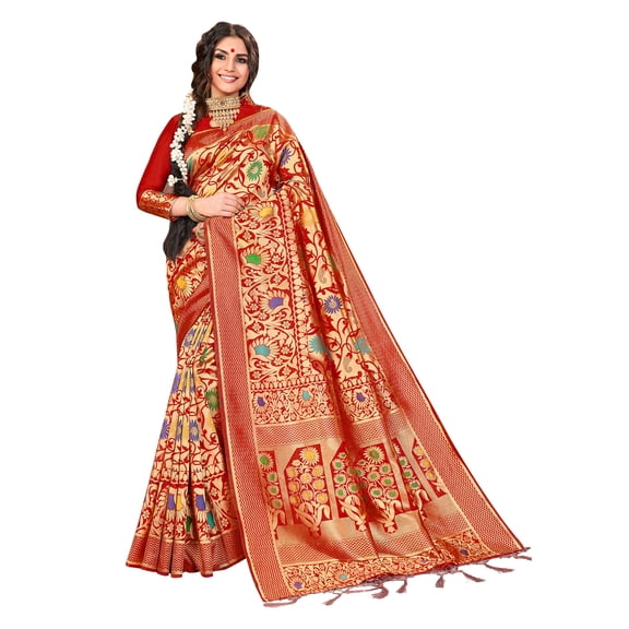 Sarees for Women Linen Banarasi Art Silk l Indian Rakhi Wedding Diwali Gift Sari with Unstitched Blouse Red
