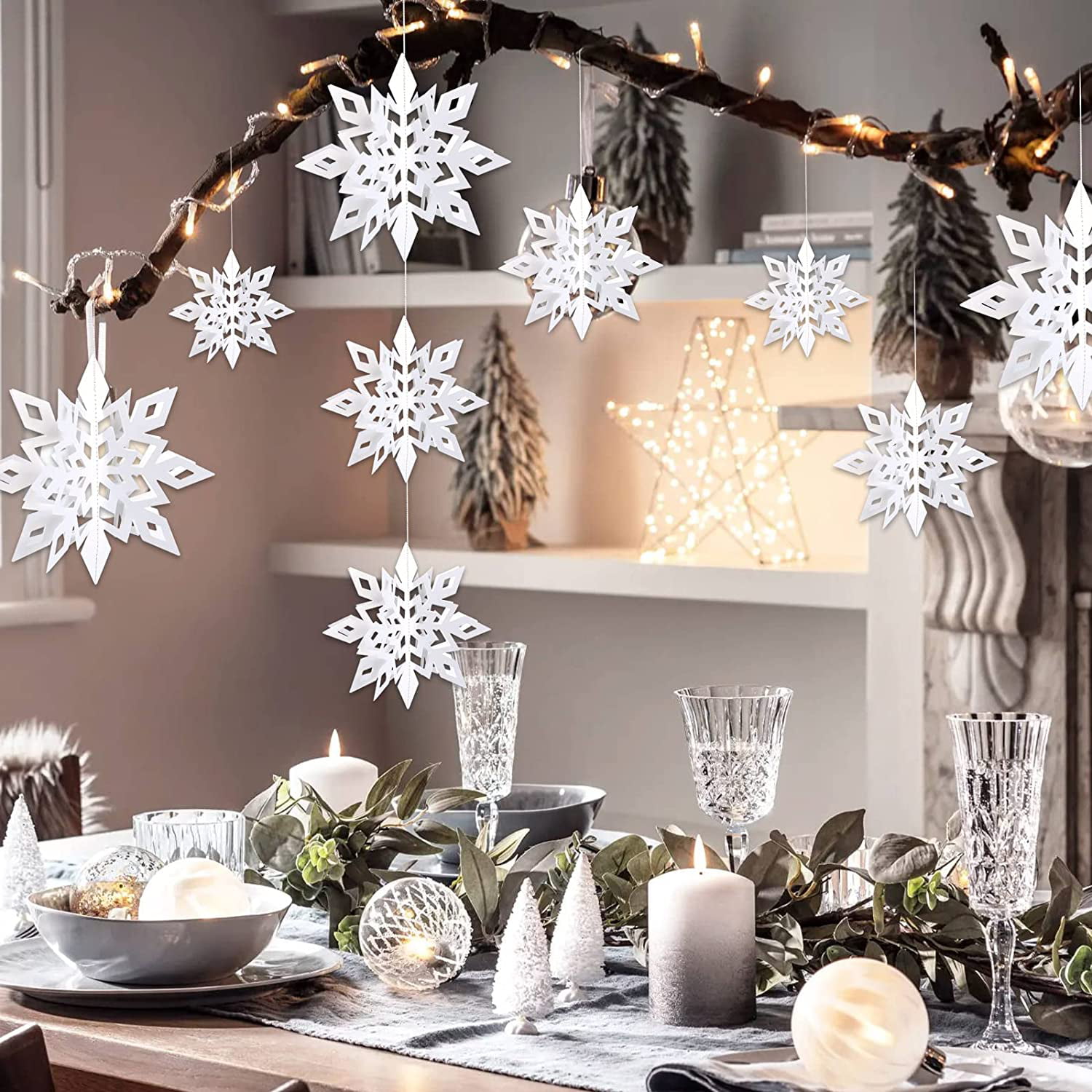 Crafare Christmas Hanging Snowflake Decorations 18pcs 3D White Silver Snowflakes Hanging Garland for Christmas Winter Wonderland Holiday New Year