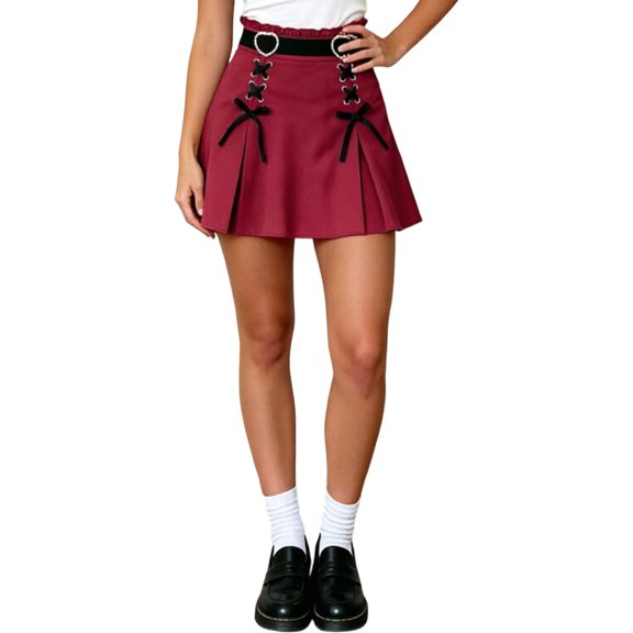 Wxolcjlv Women's Lace‑Up Pleated Mini Skirts High Waist A‑Line Street Going‑Out Skirts