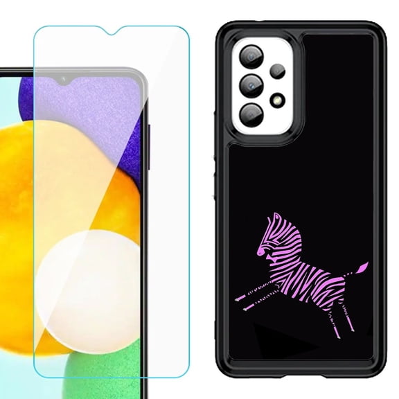 Shockproof Bumper (Black Frame) phone Case for Samsung Galaxy A23 5G, with Tempered Glass Screen Protector, by OneToughShield ® - Zebra Running