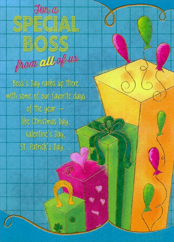 Designer Greetings Tall Colorful Presents on Blue Grid Background Humorous : Funny Boss's Day Card from All : Us : Group