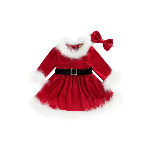 Sunloudy Robe Trapèze de Noël pour Tout-Petites Filles à Manches Longues, Col Rond, Robe en Peluche à Empiècements avec Ceinture et Bandeau