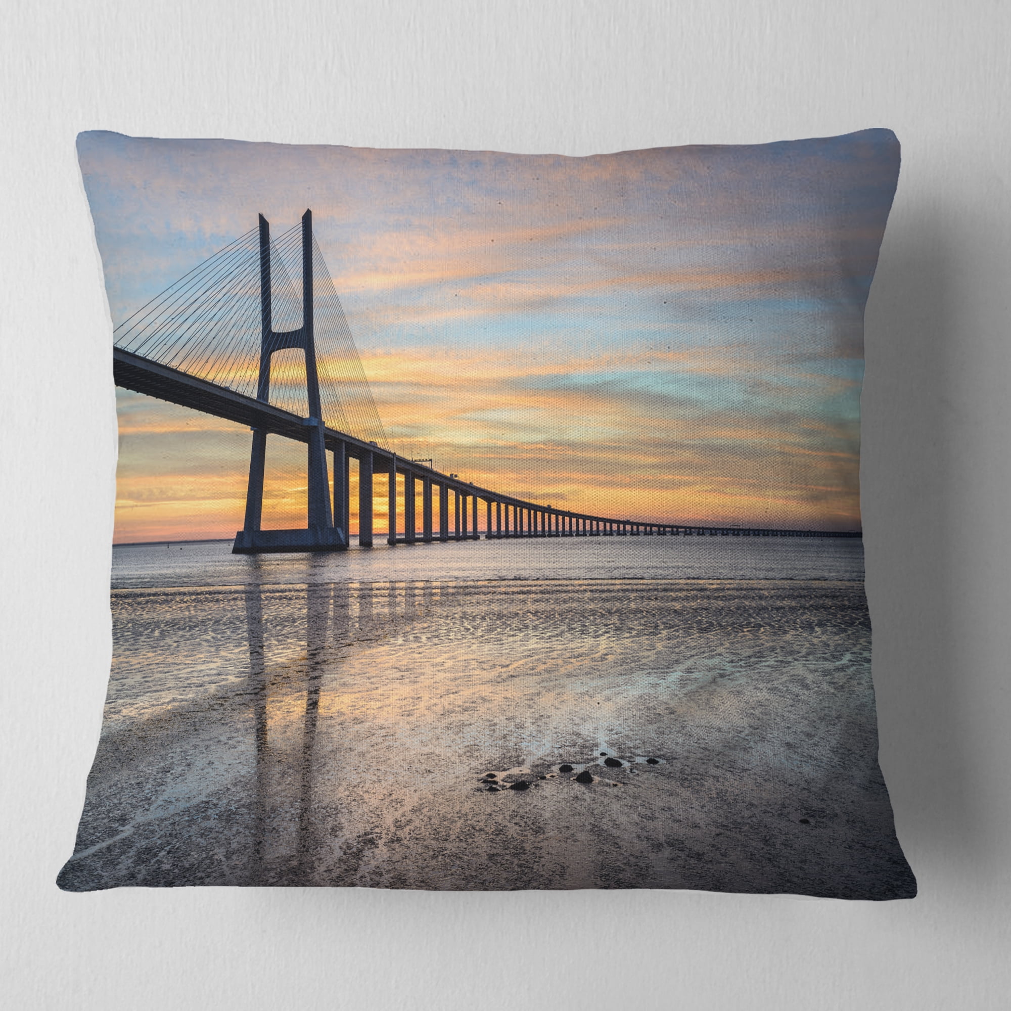 Designart Vasco de Gama Bridge Lisbon - Seascape Throw Pillow - 16x16