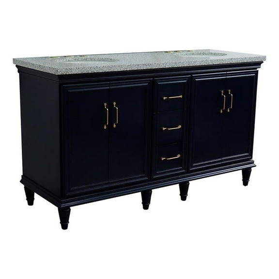 61 in. Double Wooden Vanity Blue Gray Granite Oval Sink