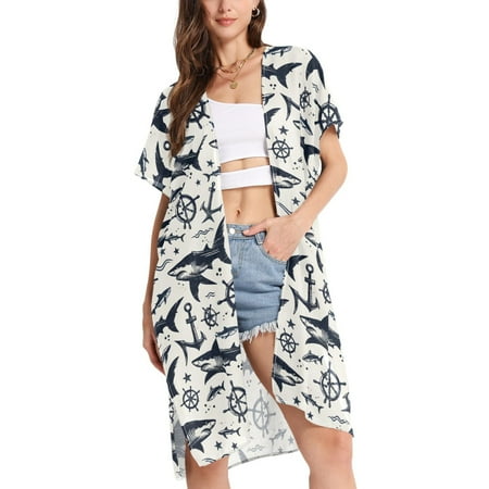joogoo Women s Seamless Sketch Shark Pattern Beach Cover Up Kimono Swimsuit Summer Cardigan Swimwear S