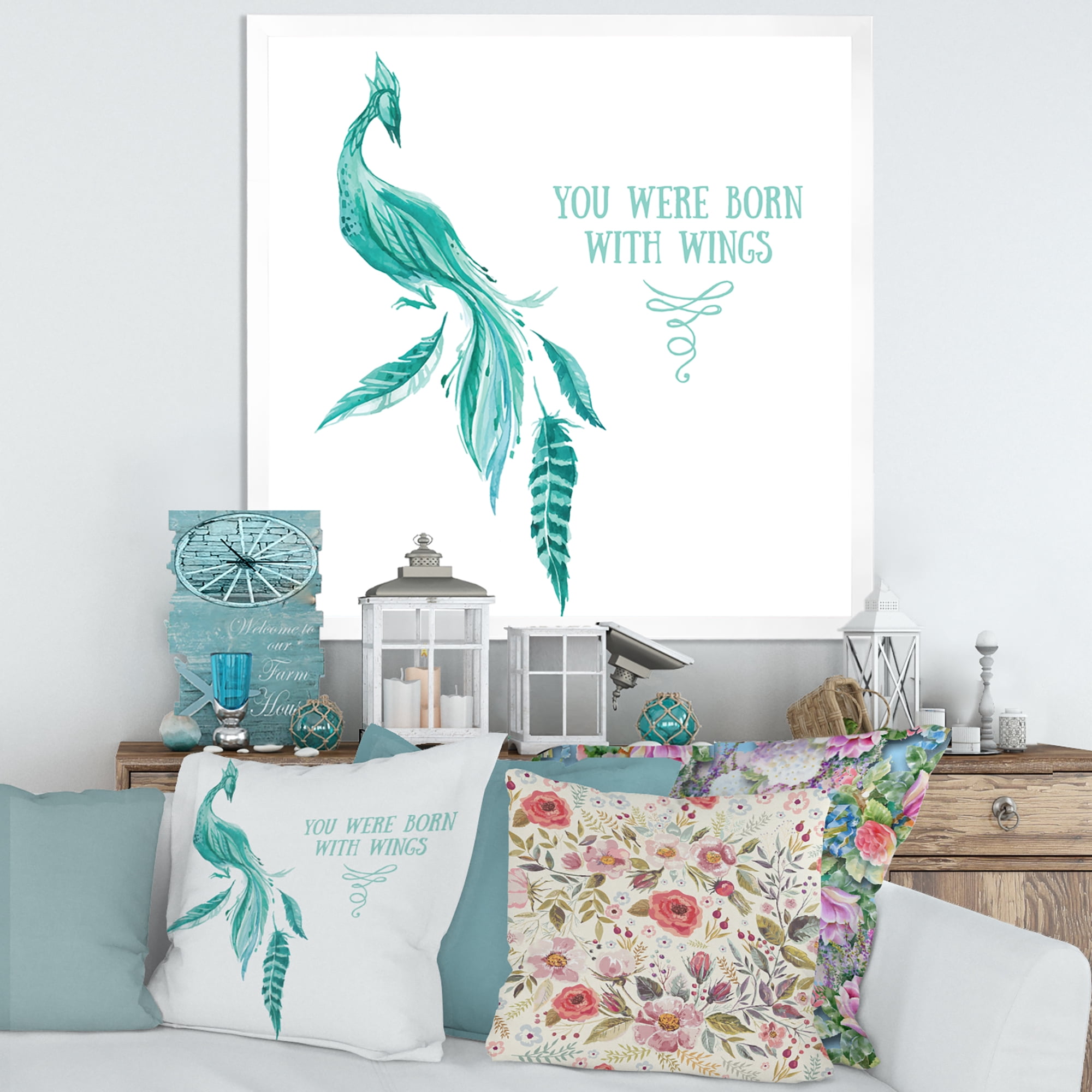 Designart 'Turquoise Bird You Were Born With Wings' Traditional Framed Art Print