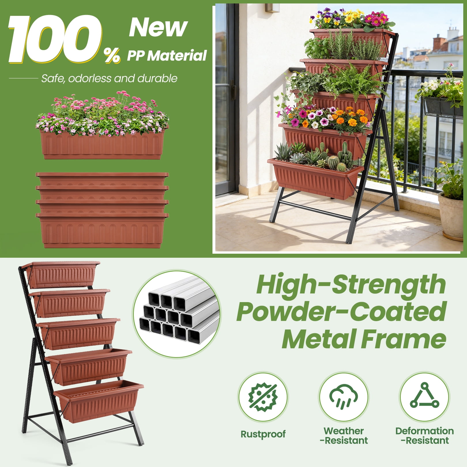 Funcid 4 ft Vertical Garden 5-Tier Raised Garden Bed for Patio Balcony Flower Herb Freestanding Garden Planter Box Brown, 26"×22.75×45"