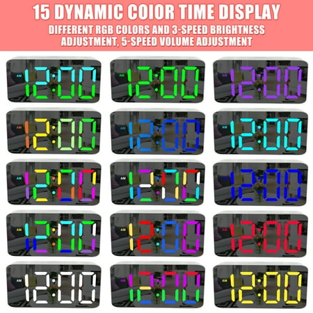 Toorise Vibrating Alarm Clock Large LED Display RGB Digital Clock with 15 Colors Vibrator Night Light Bedside Mirror Clock Desk Clock Adjustable Brightness Volume Time RGB Lighting for Office