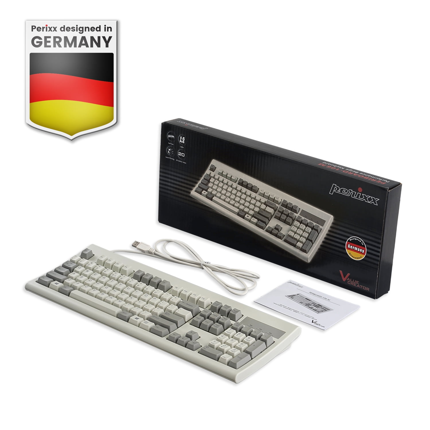 Perixx Periboard-106M, Wired Performance Full-Size USB Computer Keyboard, Curved Ergonomic Keys, Classic Retro