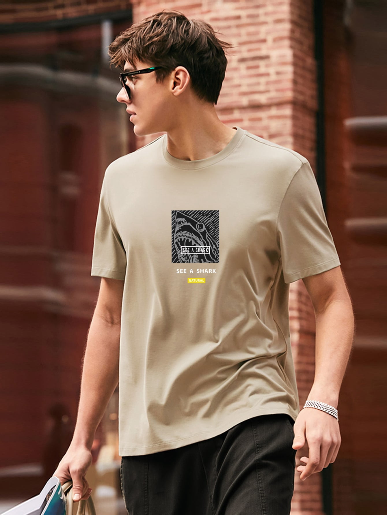 Khaki Men Shark Letter Graphic Tee 