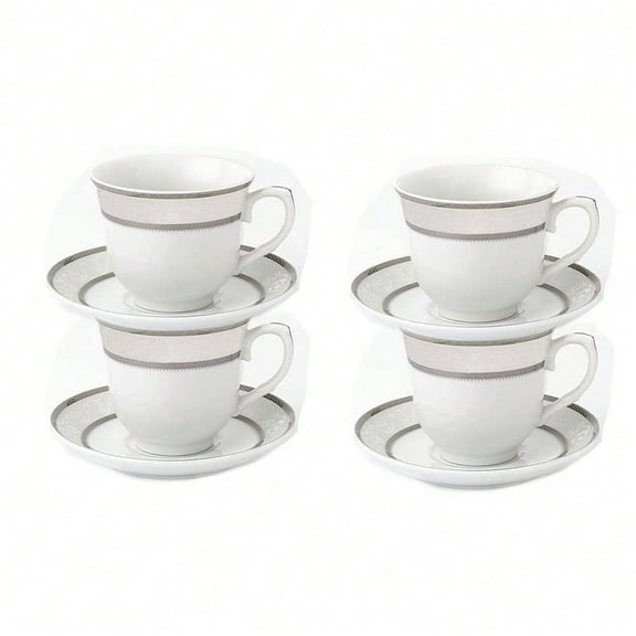 8 Ounces Silver Porcelain Tea/Coffee Set (4-piece set) This charming 4-piece porcelain tea/coffee cup and saucer set is housed in a beautiful, elegant rectangular black box. It is suitable for 4 peop