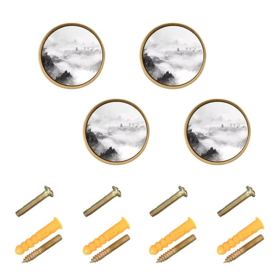 Kitchen Cabinet Knobs Traditional Chinese Ink Landscape Cabinet Handles Zinc 1.25 inch Diameter 4 Pcs