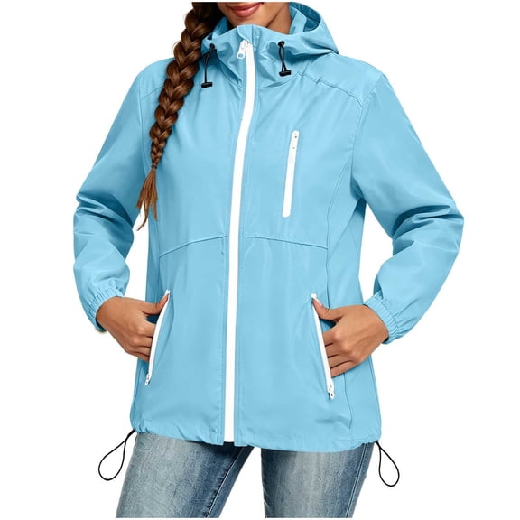 Women's Lightweight Rain Jacket Waterproof with Hood Packable Thin Windbreaker Jacket with Zip Pockets Sky Blue L