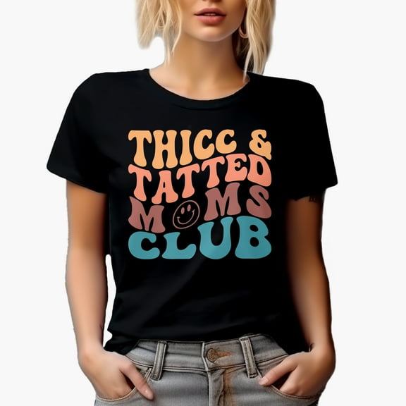 Thicc and Tatted Moms Club, Tattooed Mothers Quote, Groovy Retro Wavy Text Merch Gift, Black T-Shirt, Small