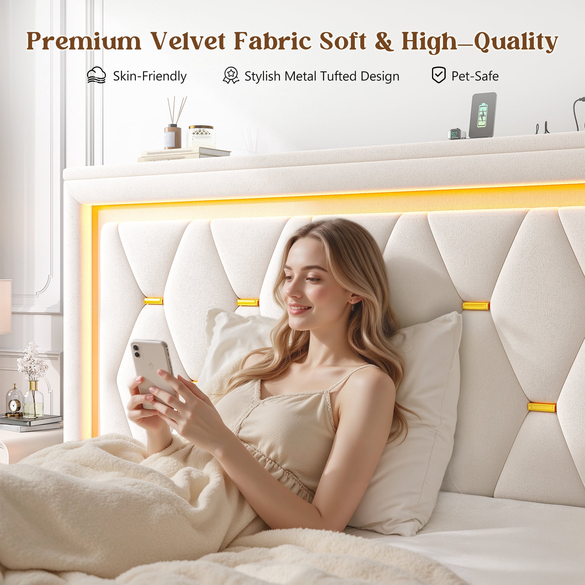 EnHomee Queen Size Bed Frame with 4 Storage Drawers Upholstered Bed with LED & Charge Station,Beige