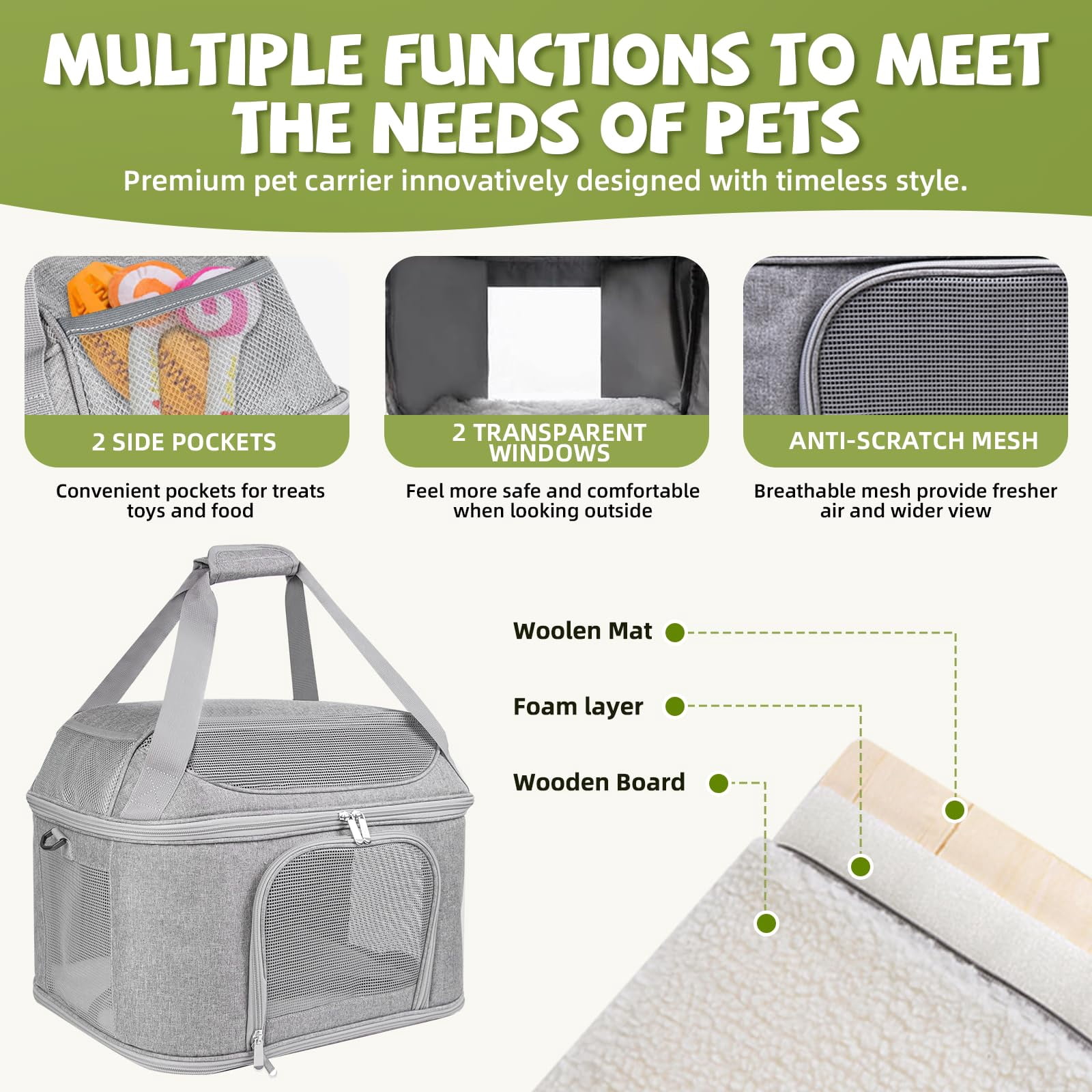 NexTone Premium Cat Carrier for Pets Up to 20 Lbs, Cat Travel Bag Soft-Sided Backpack Pet Carriers with Padded Shoulder Strap, Dog Carrier for Small Dogs Puppy Carry Airline Approved, Gray