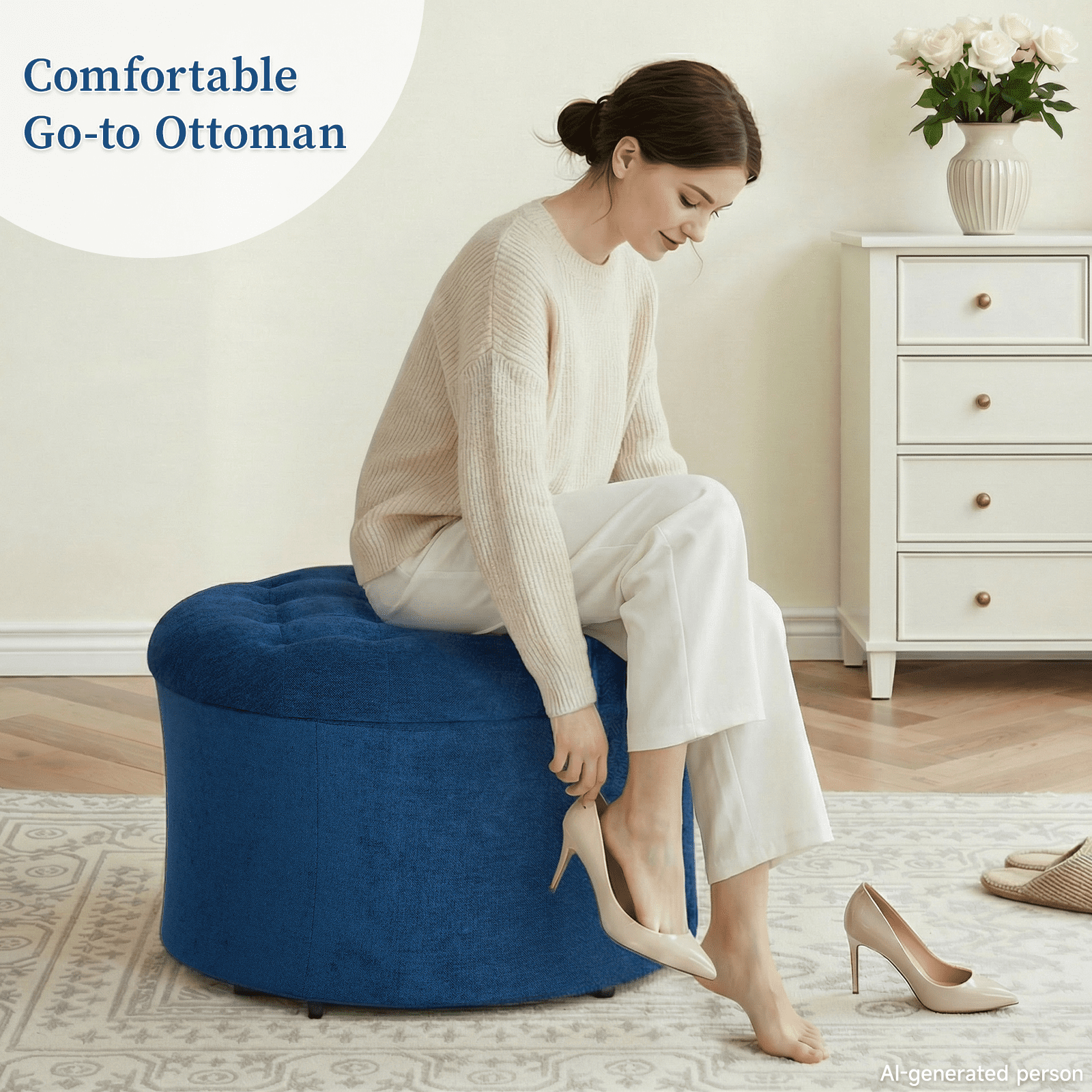 Dovov 25" Tufted Round Ottoman with Storage, Large Storage Ottoman Footrest Flip Top Foot Stool, 220lbs Capacity, Blue
