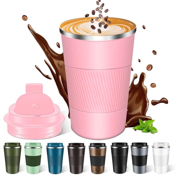 FORHVIPS Coffee Tumbler, 13oz Double Wall Vacuum Stainless Steel Vacuum Coffee Cup with Leakproof Lid and Non-Slip Sleeve, Reusable Thermal Coffee Cup to go for Keep Hot/Ice Coffee, Pink