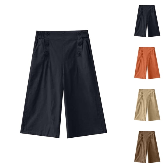 Capri Pants for Women Cotton Linen Summer Casual Lightweight Elastic High Waist Wide Leg Cropped Pants with Pockets