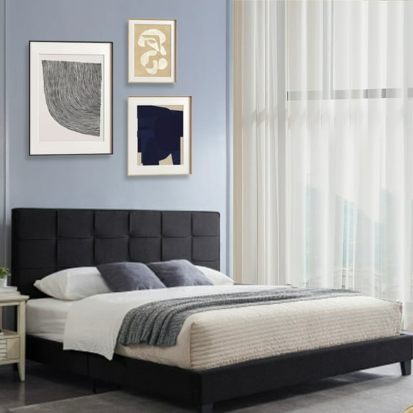 Full Bed Frame Upholstered Platform Bed,Full Size Bed Frame with Headboard,Black