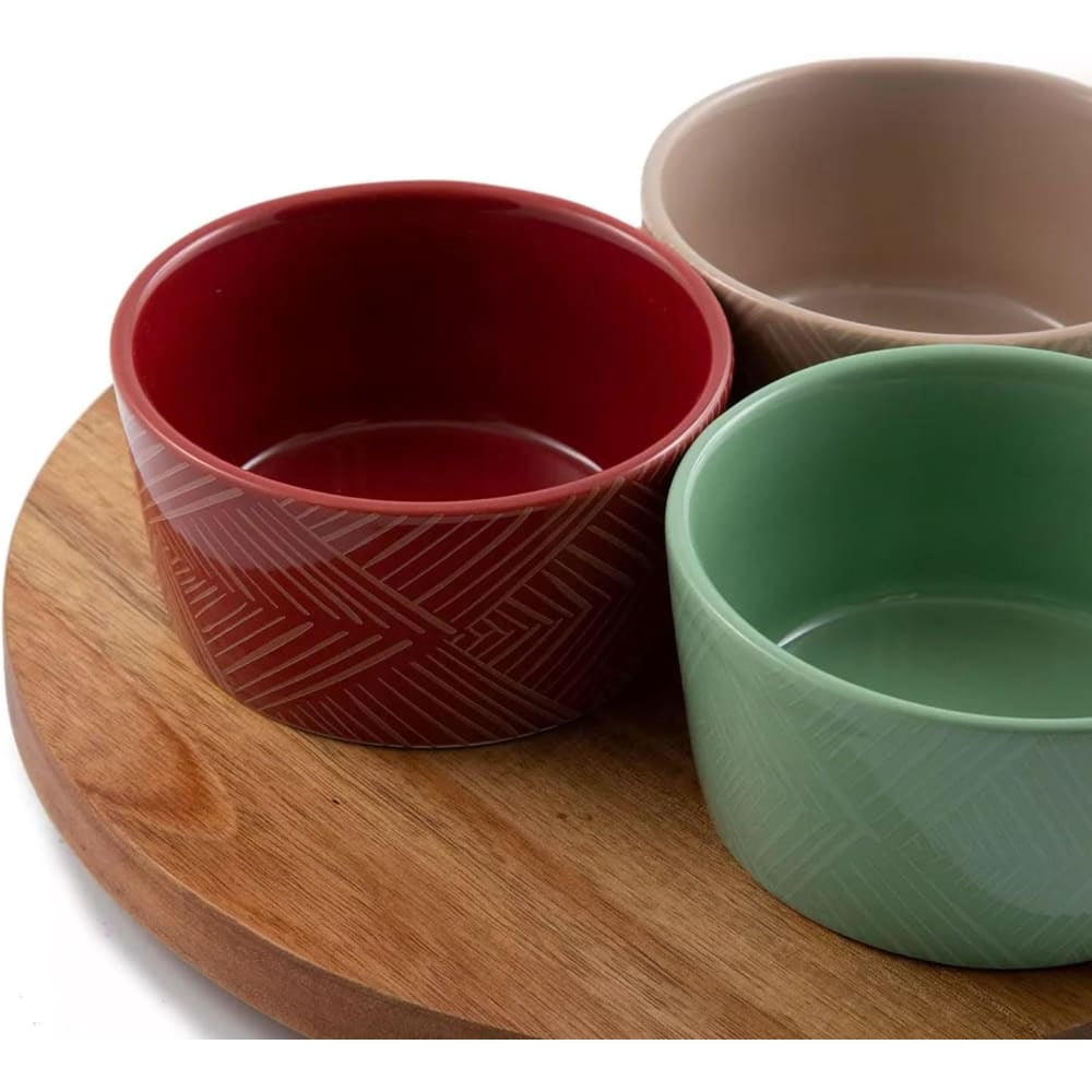 Thirstystone 12-Inch Acacia Wood Lazy Susan Turntable with 3 Ceramic Serving Bowls, Stylish Rotating Server for Condiments, Snacks, and Dips, Perfect for Holiday Dining and Entertaining